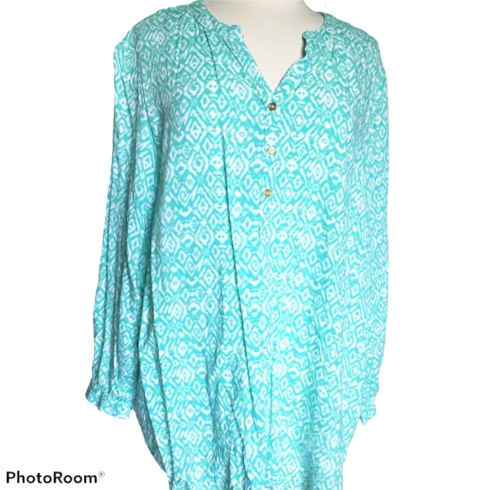 BLAIR Green/White Print Blouse - 2XL